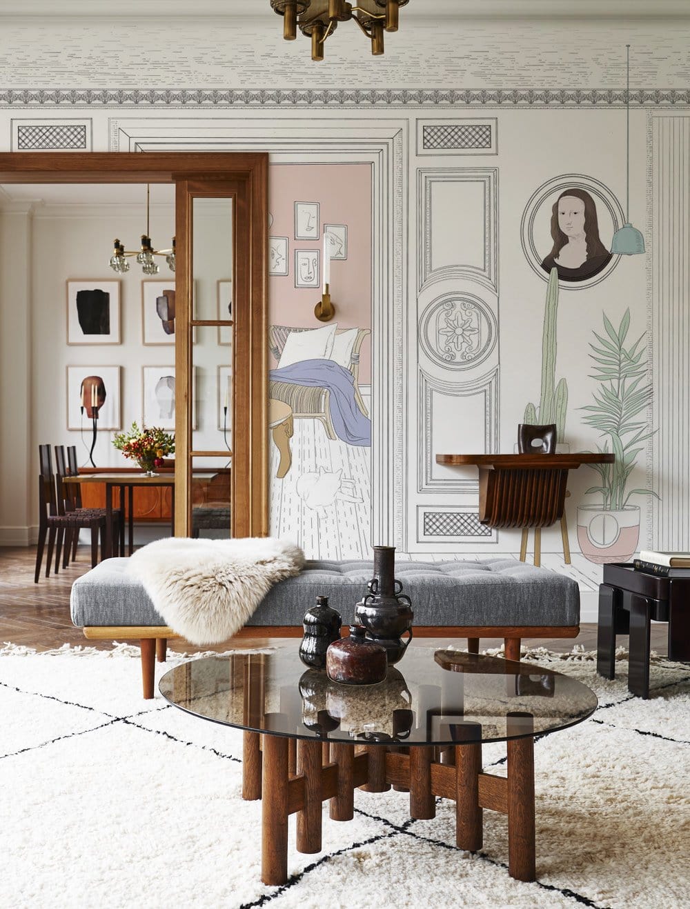 Vintage Chic Architectural mural wallpaper, pastel accents, grey bench, art-deco table, elegant wallpaper setting.