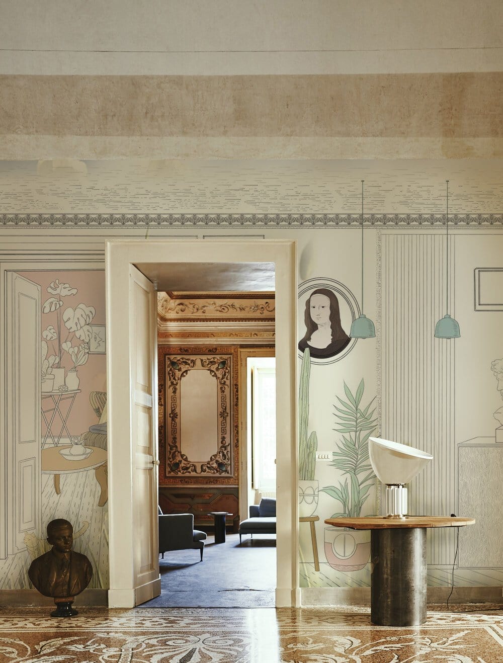 Vintage Chic mural wallpaper with pastel accents in elegant room, featuring marble flooring and art decor.