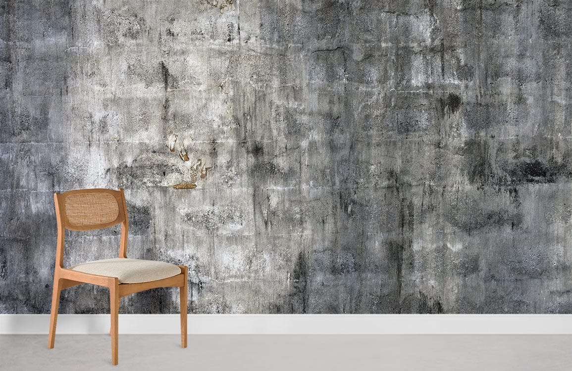 Industrial aged concrete effect wallpaper in grey, modern interior with wooden chair, light flooring.