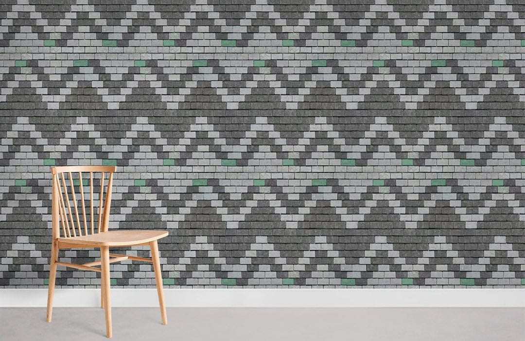 Geometric Grey Zigzag Brick Wallpaper in modern room, featuring wooden chair, seamless design pattern.