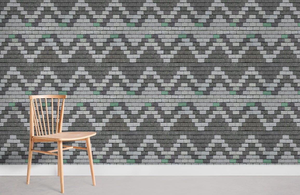 Geometric Grey Zigzag Brick Wallpaper in modern room, featuring wooden chair, seamless design pattern.