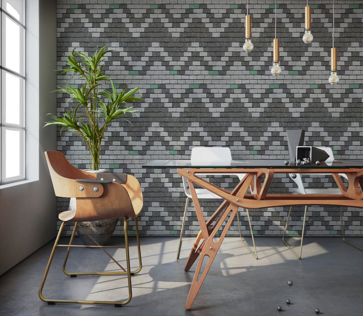 Modern office with Geometric Grey Zigzag Brick Wallpaper, sleek wooden desk, ergonomic chair, and pendant lights.