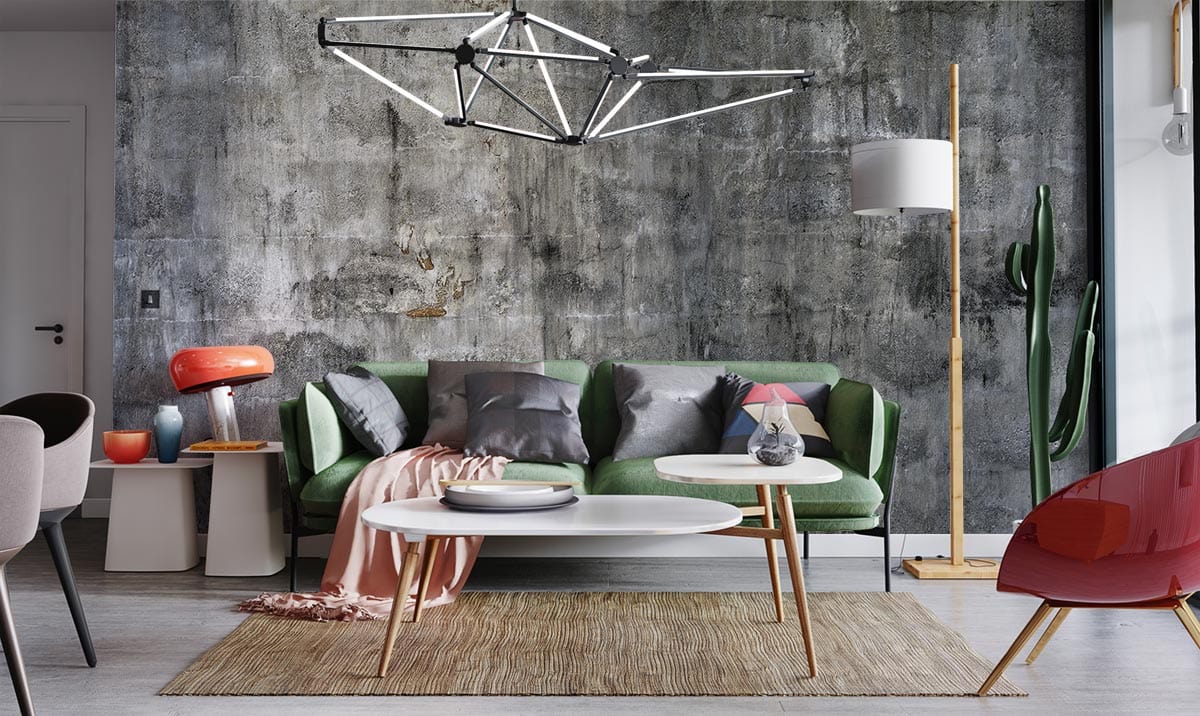 Industrial Aged Concrete Effect Grey Textured Mural, modern green sofa, light wood flooring, contemporary decor.