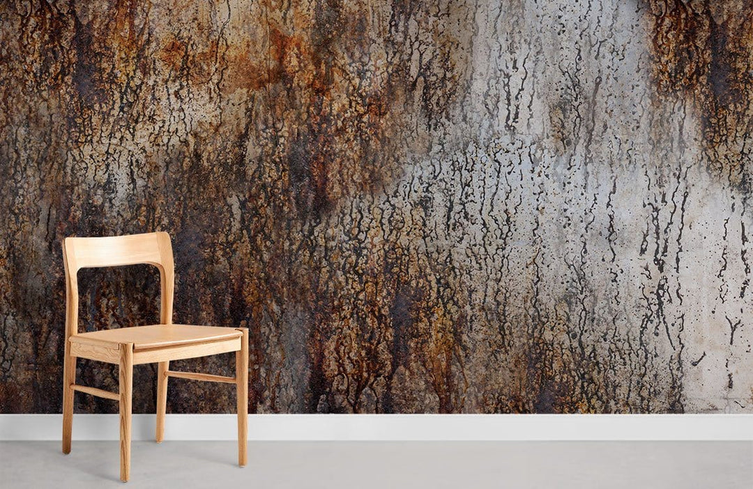 Rustic textured wallpaper with warm earthy tones, minimalist wooden chair, concrete flooring, modern room.
