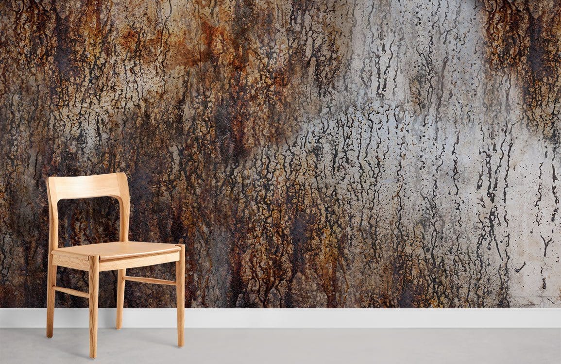 Rustic textured wallpaper with warm earthy tones, minimalist wooden chair, concrete flooring, modern room.