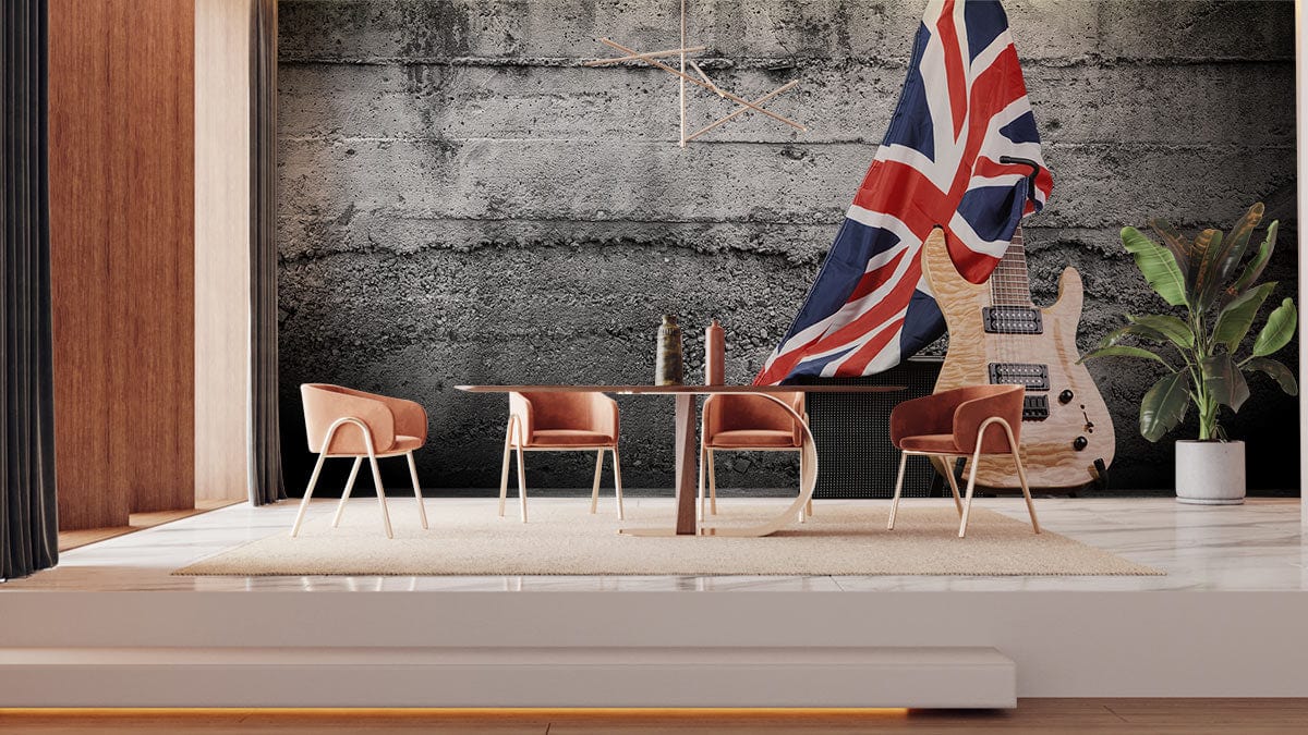 Vintage Union Jack Guitar Mural on Grey Concrete Walls in Modern Dining Room with Stylish Furniture.