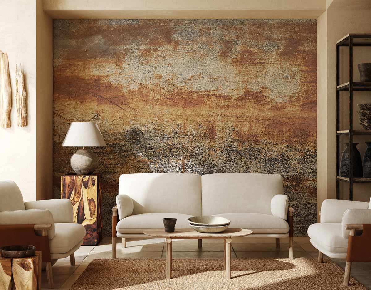 Vintage industrial wall mural, warm tones, cream sofas, rustic cabinet, beige walls, modern lounge.