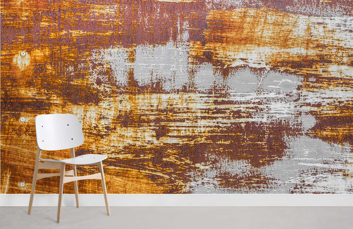 Industrial rustic wall with textured vintage wood effect wallpaper, white chair, concrete flooring.