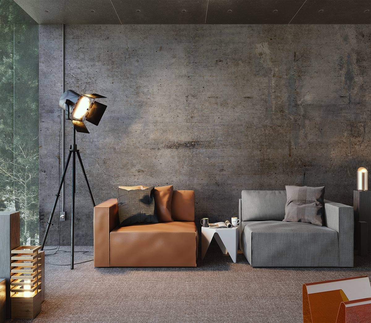 Modern urban living room with industrial grey concrete mural wallpaper, brown and grey sofas, carpet flooring.