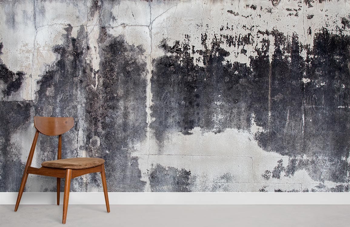 Vintage industrial concrete wall mural with distressed grey design, wooden chair, minimalistic interior.