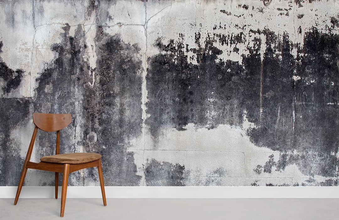 Vintage industrial concrete wall mural with distressed grey design, wooden chair, minimalistic interior.