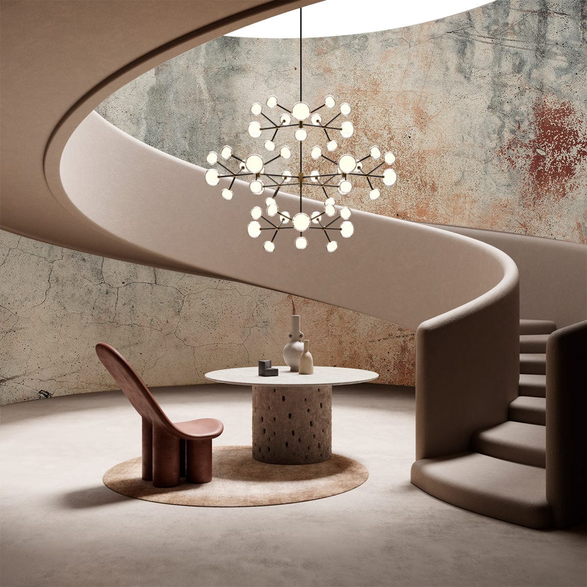 Vintage industrial wallpaper in rustic grey, curved staircase, modern round table, stylish minimalist room.