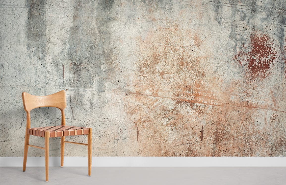 Alt text: Vintage industrial concrete effect wallpaper with rustic grey tones, wooden chair, minimalist room style.