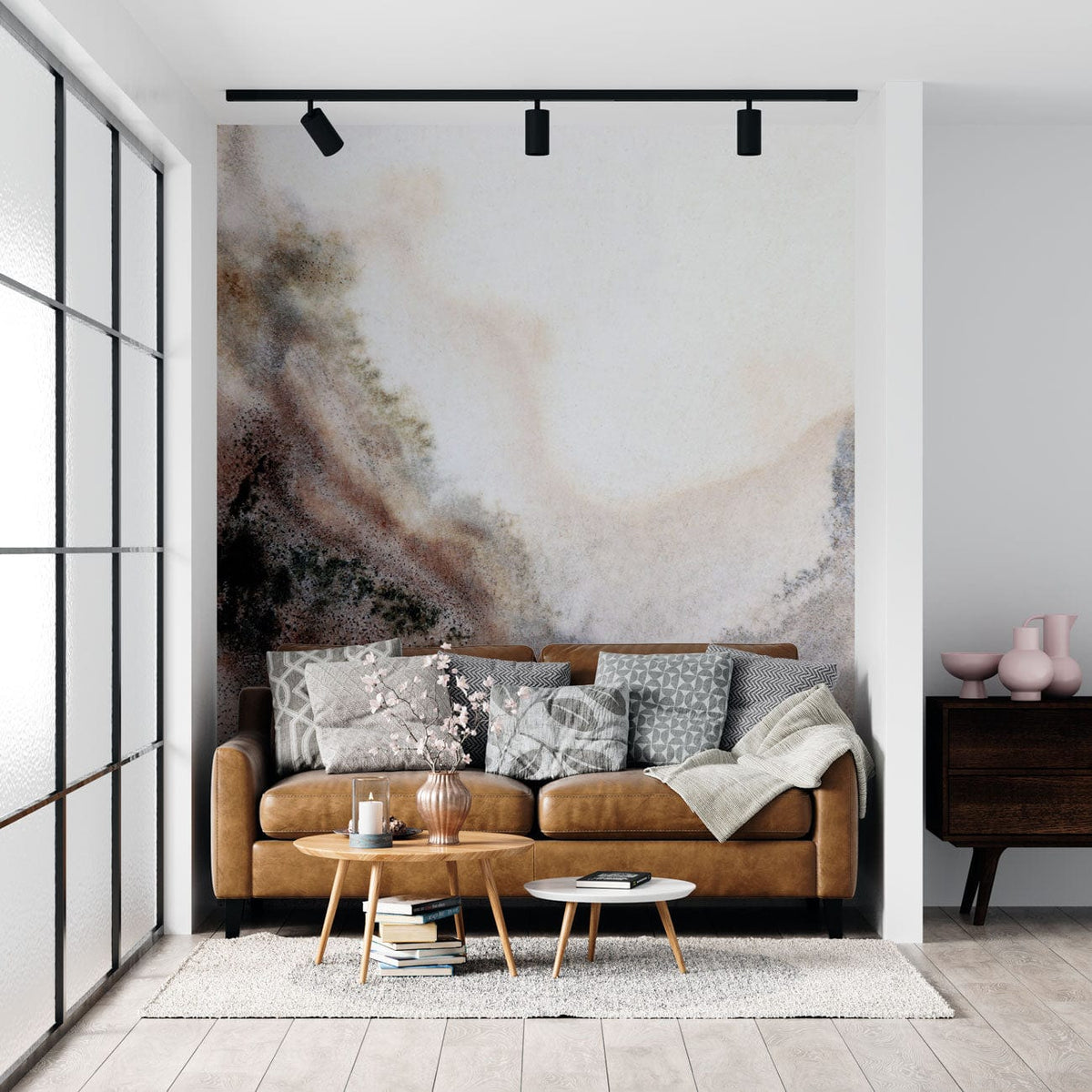 Watercolour Misty Mountain Landscape Mural Wallpaper Earthy Tones, brown sofa, wooden flooring, modern living room.