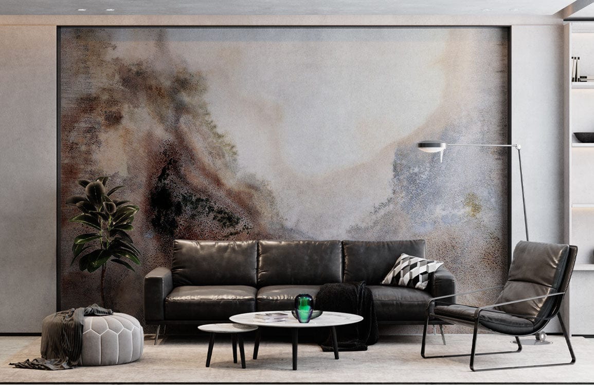 Watercolour Misty Mountain Landscape mural wallpaper in earthy tones behind black leather sofa, modern living room.