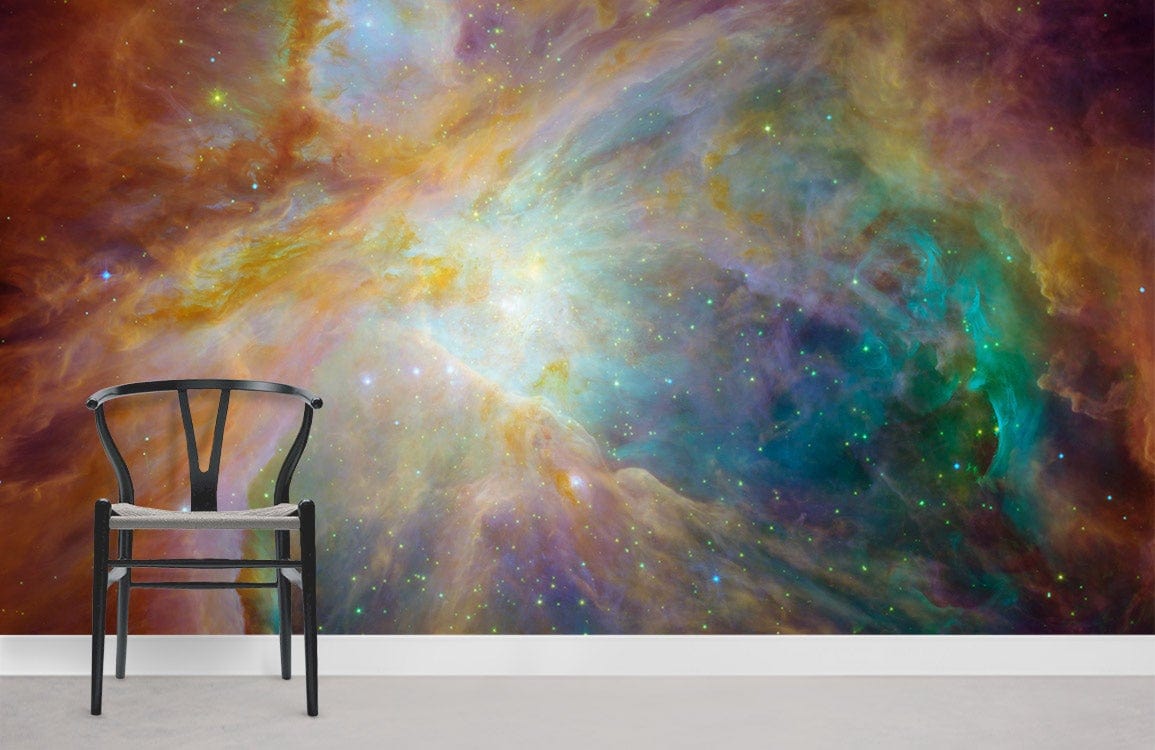 Ethereal Cosmic Nebula Mural Wallpaper, colourful nebula design with chair on light grey flooring.