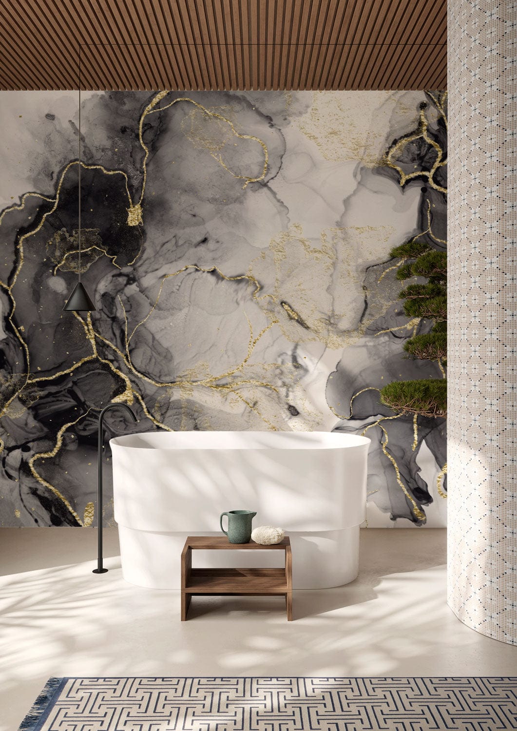Luxurious black and gold marble wallpaper in modern bathroom, featuring white bathtub and contemporary lighting.