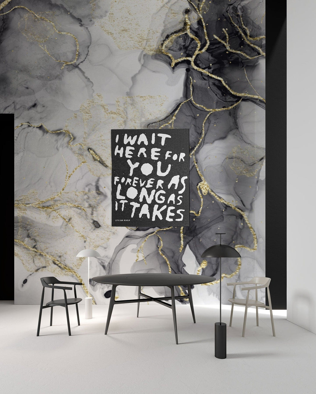 Luxurious abstract black and gold marble mural wallpaper, modern lounge setup, monochrome chairs, sleek table.