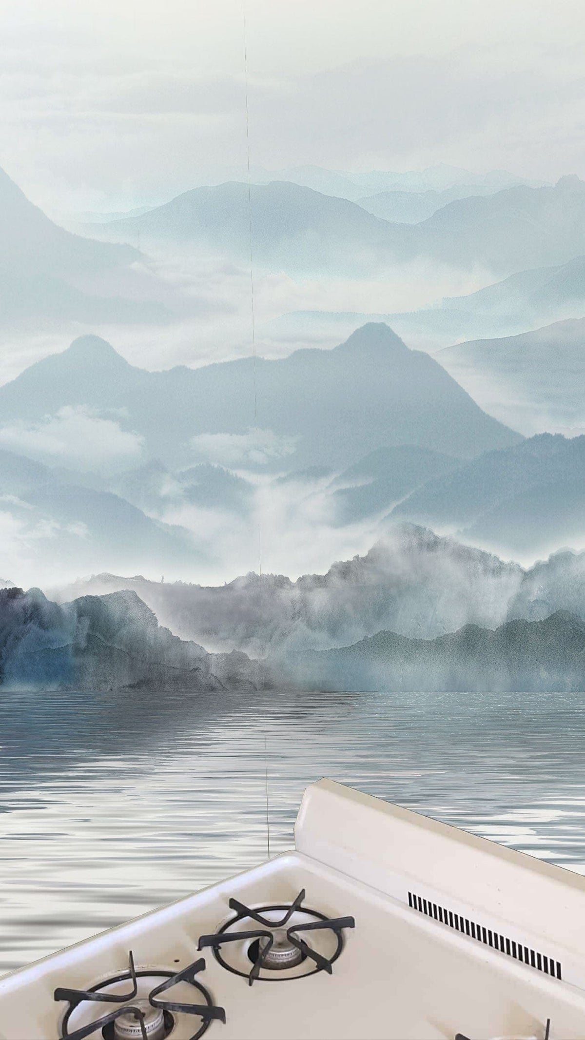 Ethereal Misty Mountains blue watercolour mural in kitchen with modern hob, serene landscape background Décor.