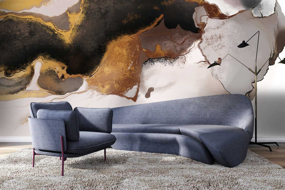Elegant abstract marble wallpaper mural with black, gold, white. Grey modern sofa, stylish floor lamp, plush rug.