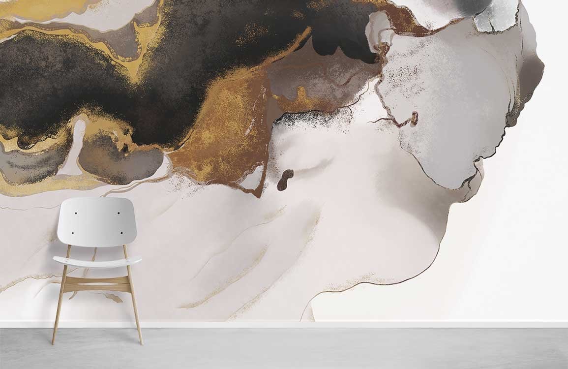 Elegant abstract marble effect mural wallpaper in black, gold, white, featuring modern white chair.