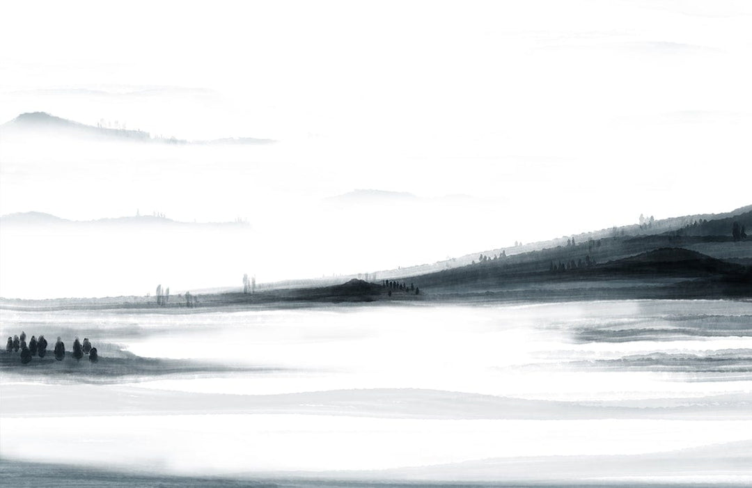 Monochrome Misty Landscape Mural Wallpaper - Serene Black and White Design