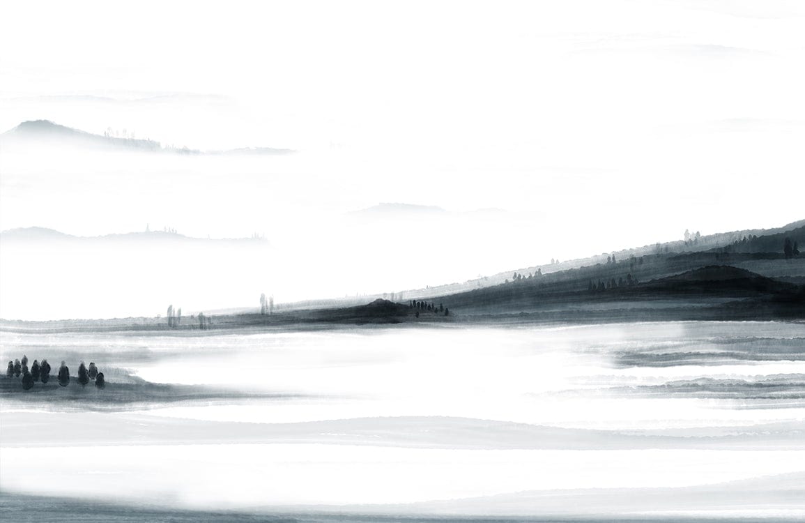 Monochrome Misty Landscape Mural Wallpaper - Serene Black and White Design
