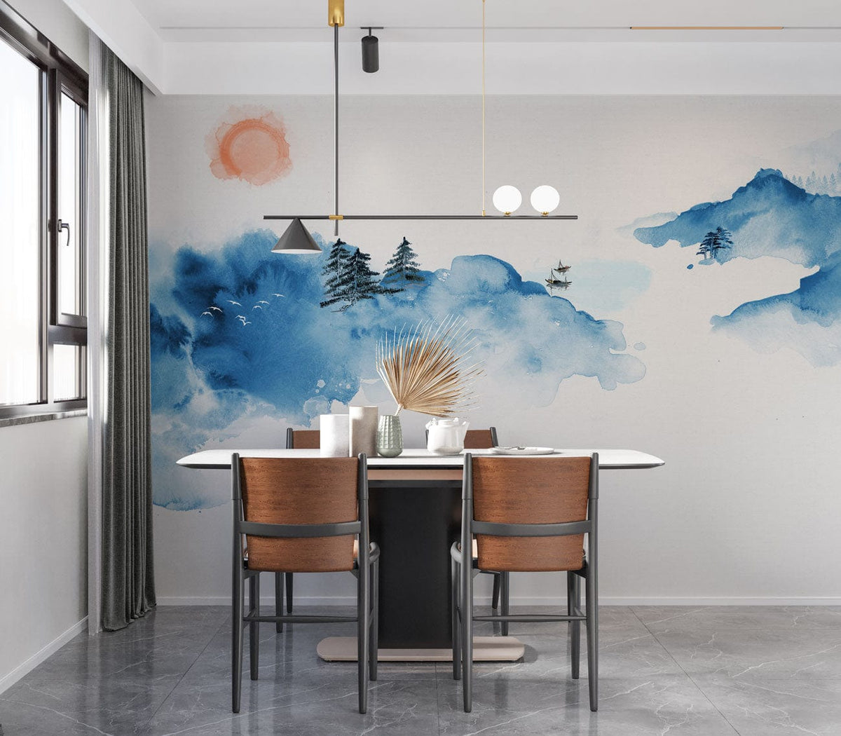 Dining room with Serene Blue Watercolour Mountain Landscape Mural, modern chairs, and grey tile flooring.