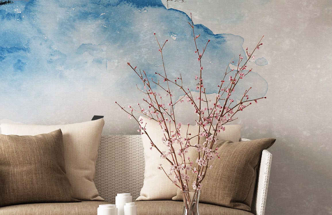 Serene blue watercolour mountain mural, beige sofa, soft cushions, elegant decor, tranquil living room.