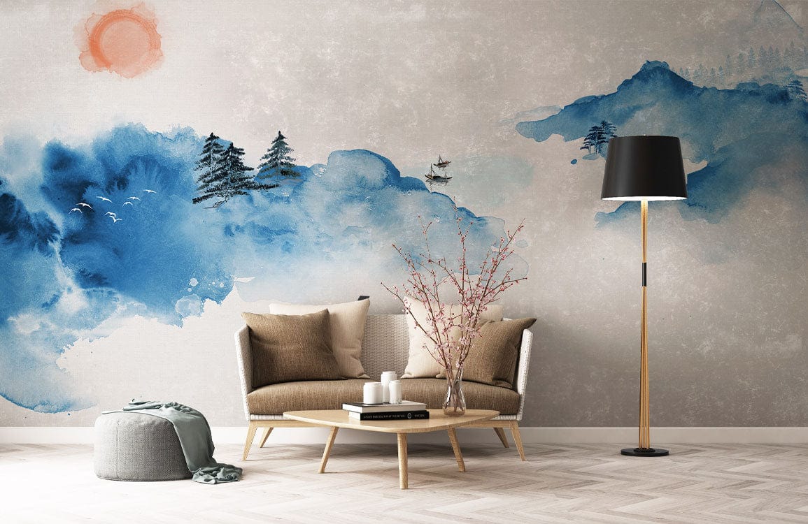 Serene Blue Watercolour Mountain Mural Wallpaper in modern living room with beige sofa and lamp.