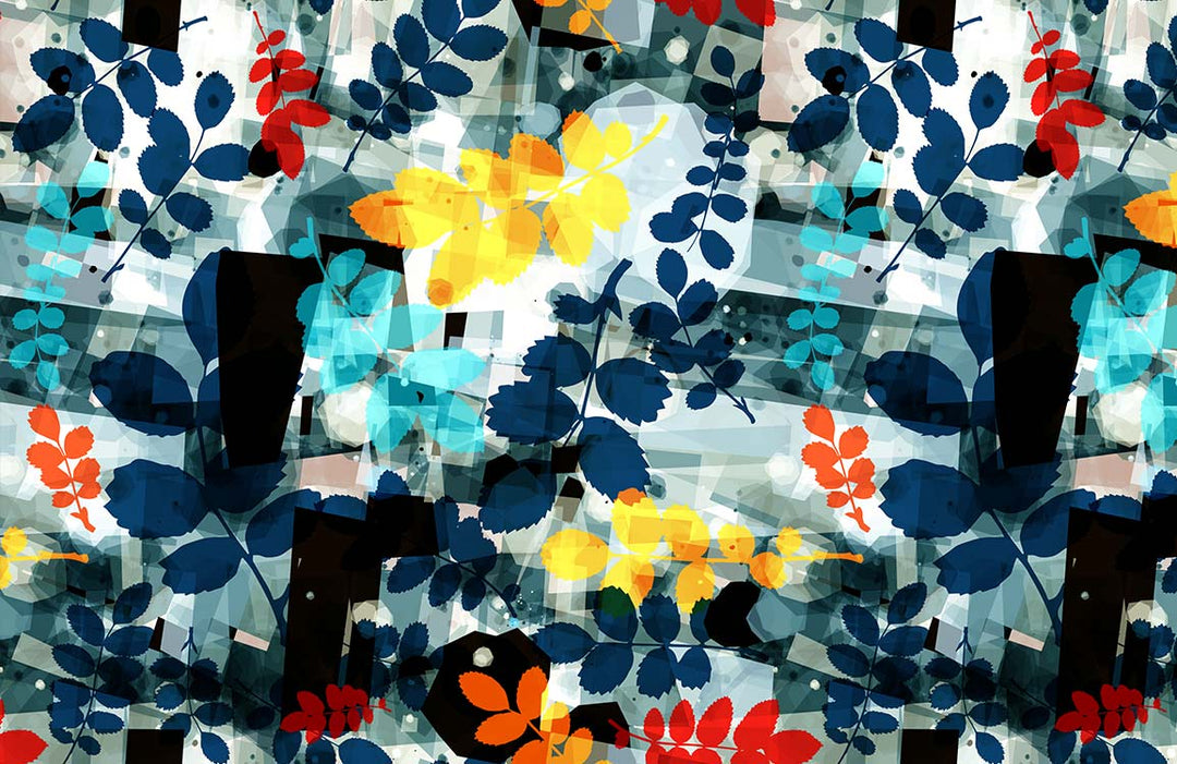 Colourful Abstract Floral Pattern Wallpaper with Vibrant Blue, Red, and Yellow Hues