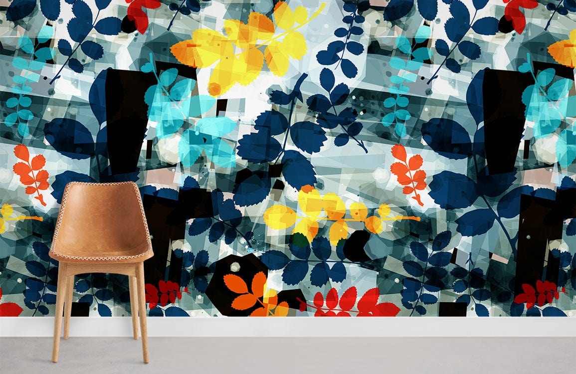 Abstract floral pattern wallpaper with vibrant hues, leather chair, grey flooring, artistic room decor.