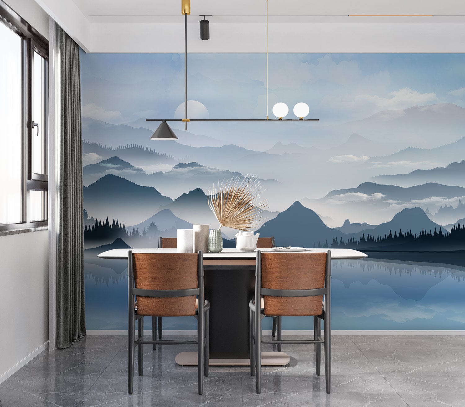 Serene Blue Mountain Landscape Mural Wallpaper for Tranquil Home Decor.