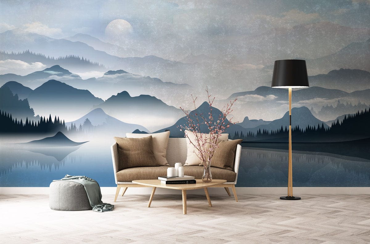 Serene Blue Mountain Landscape Mural Wallpaper for Tranquil Home Decor.