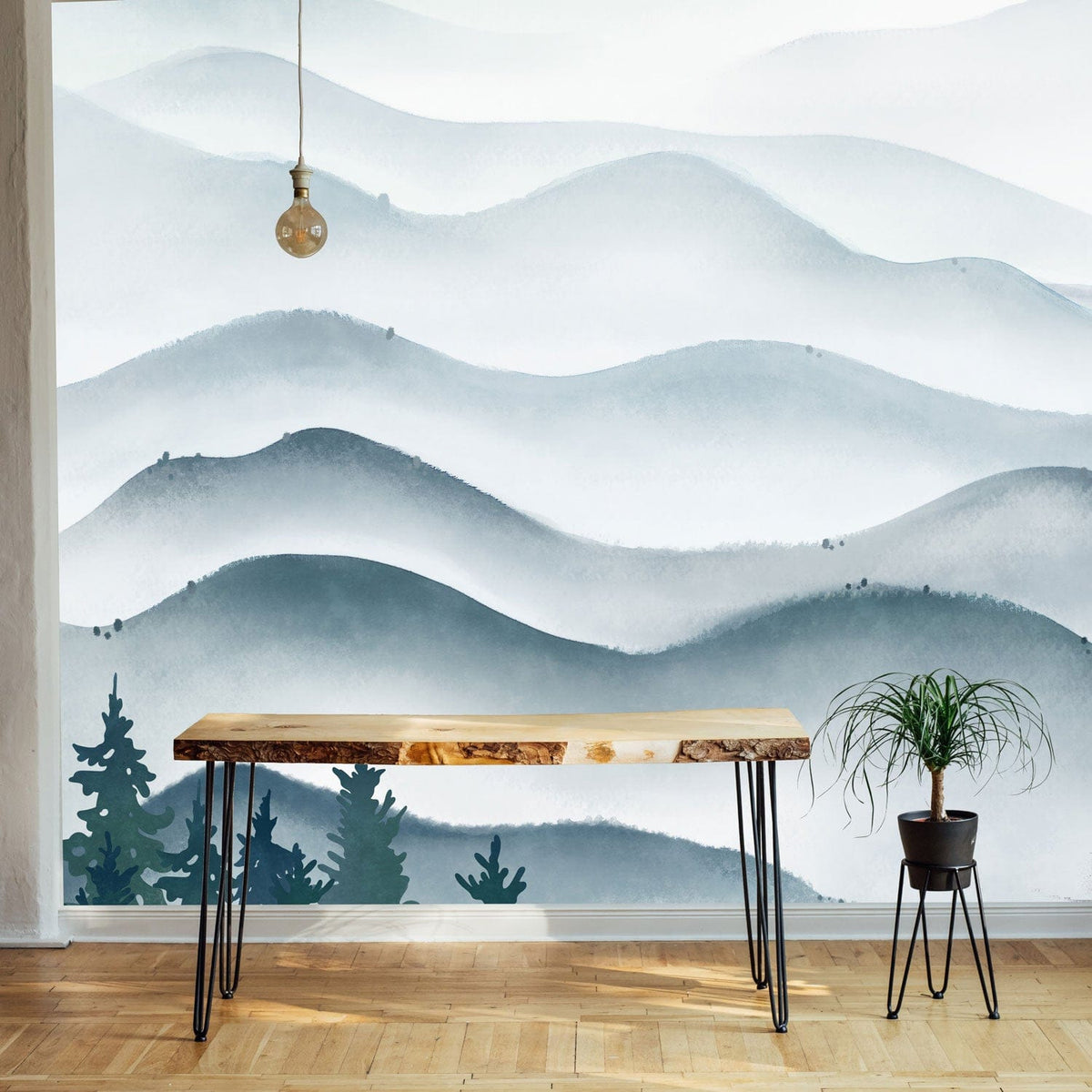 Watercolour mountains wallpaper, wooden bench, parquet flooring, minimalist decor, calming blue tones, serene setting.