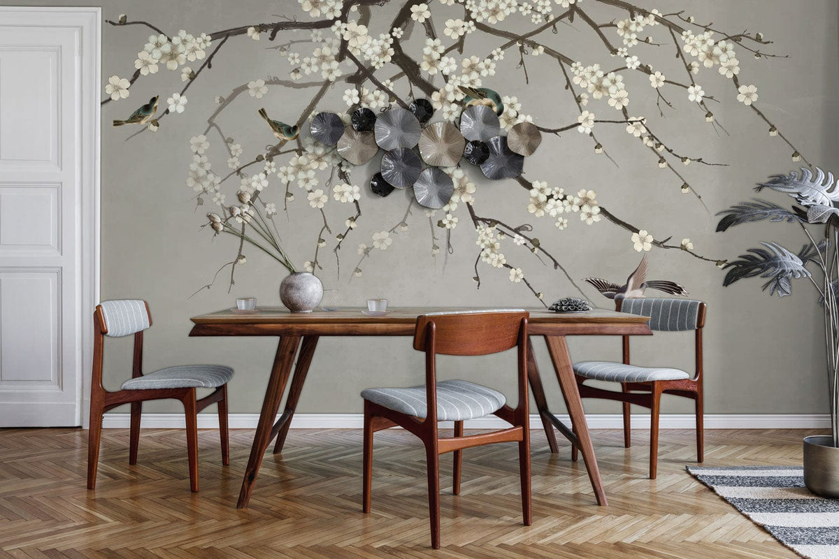 Elegant Blossom Branch Mural Wallpaper, grey background, dining room, wooden chairs, parquet flooring.