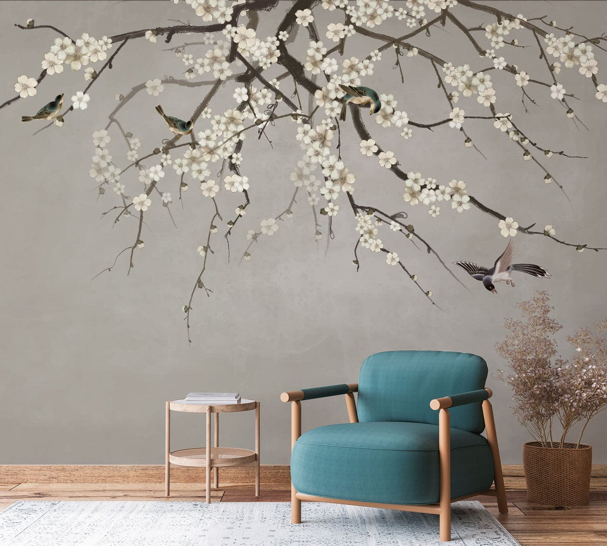 Elegant Blossom Mural: Oriental Decor, Grey Background, Teal Armchair, Wooden Floor, Stylish Living Room.