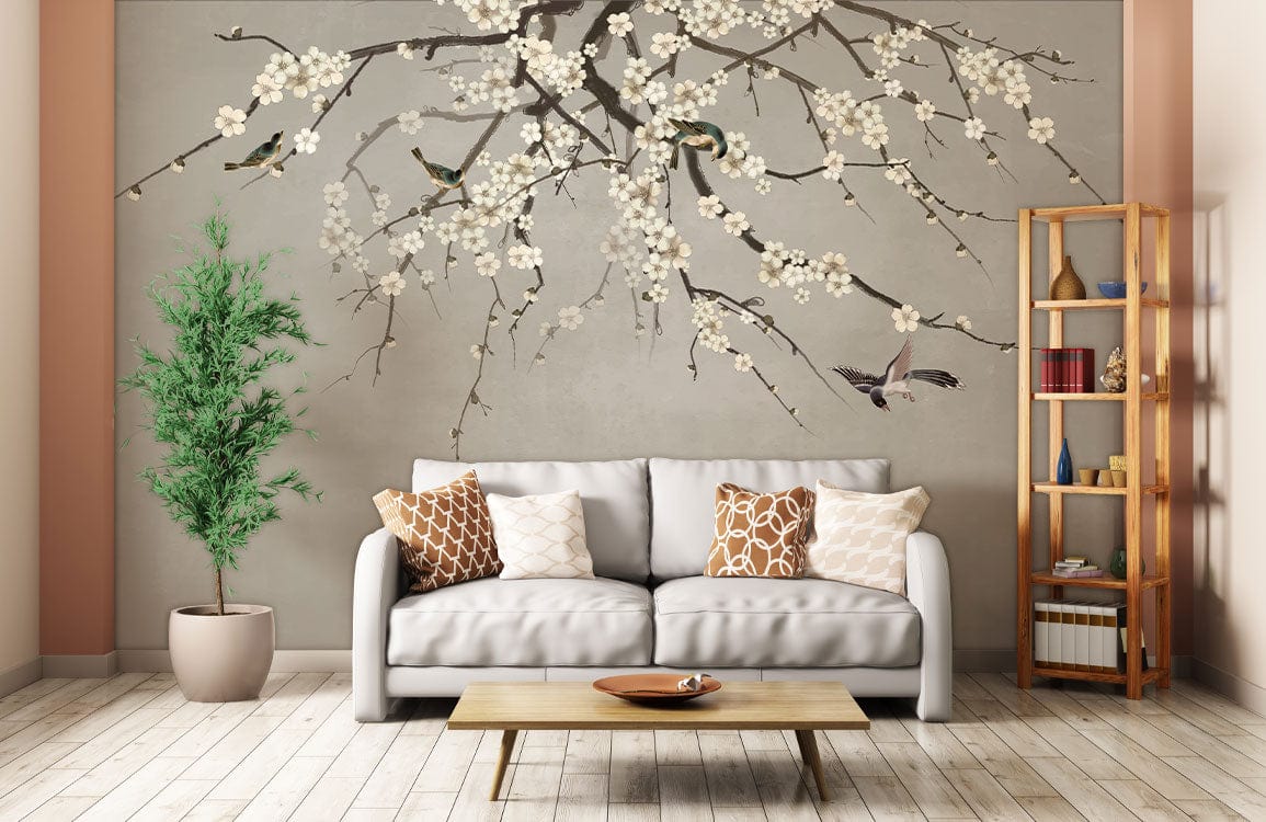 ink painting branches wall mural living room decor
