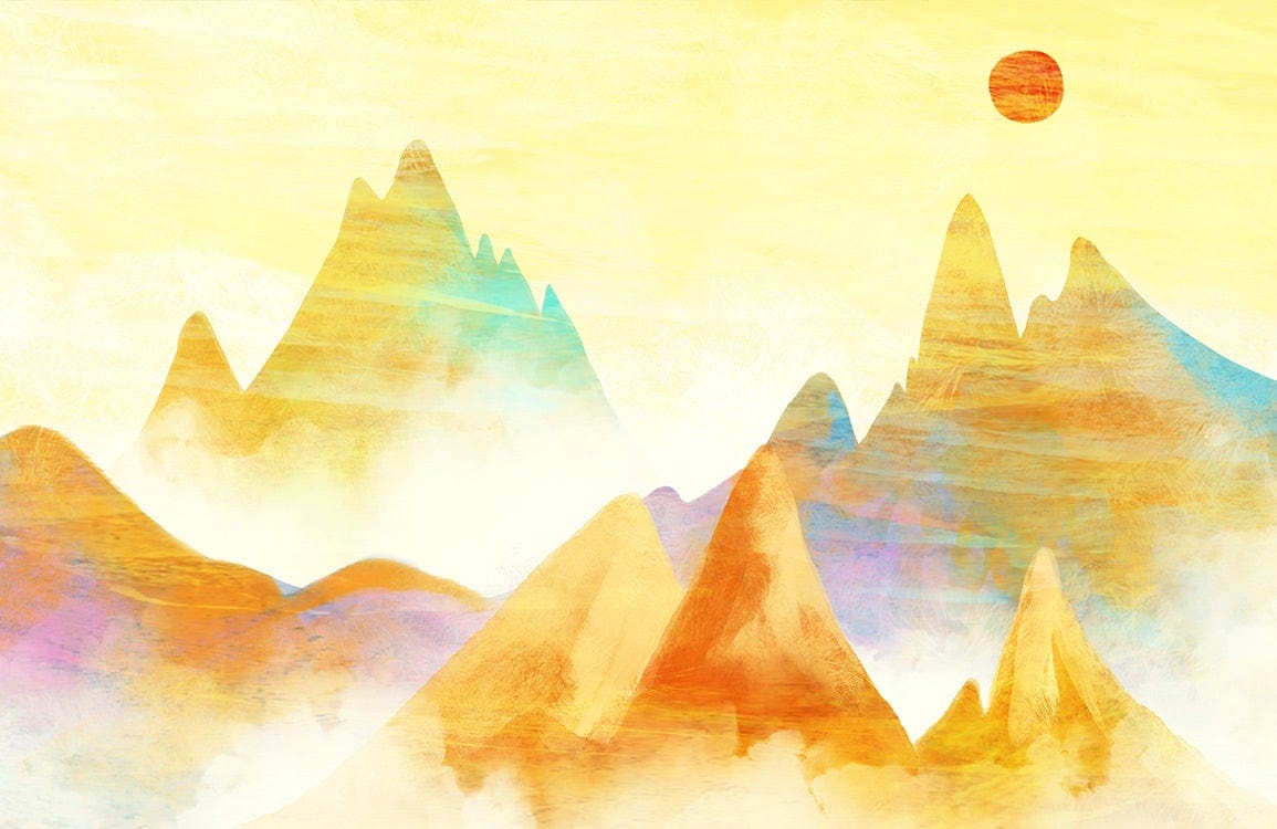 Dreamy Watercolour Mountain Peaks Mural Wallpaper in Warm Pastel Hues