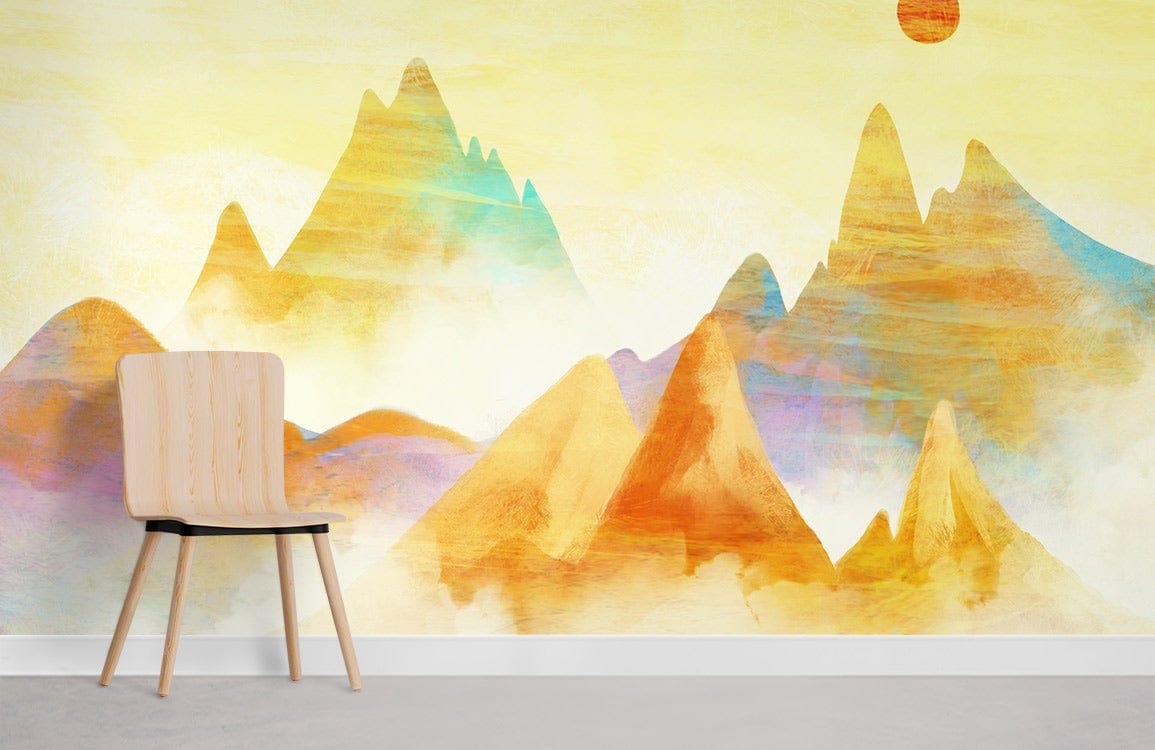 Dreamy Watercolour Mountain Peaks Mural Wallpaper with wooden chair on grey flooring in modern room.