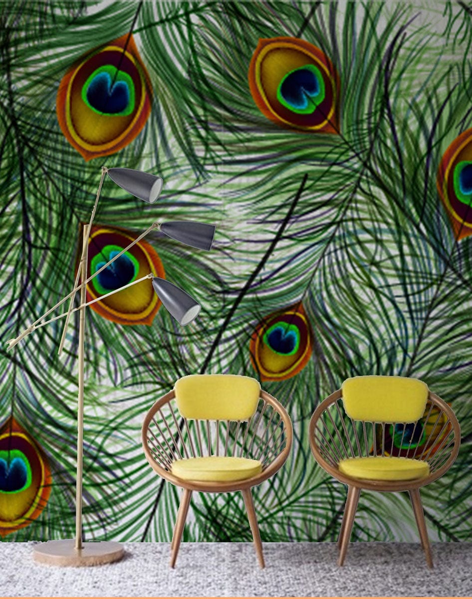 Exotic Green Peacock Feather Wallpaper in room with stylish yellow chairs, floor lamp, textured carpet.