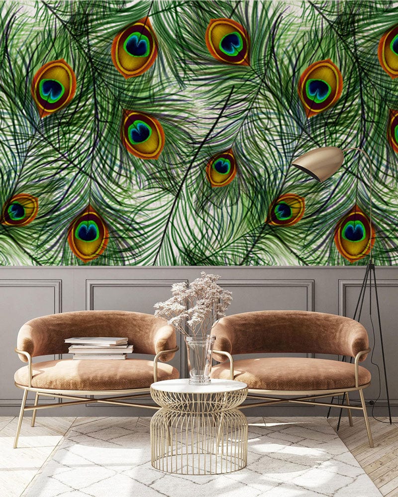 Exotic green peacock wallpaper, vibrant design; brown chairs, beige rug, modern lounge decor.