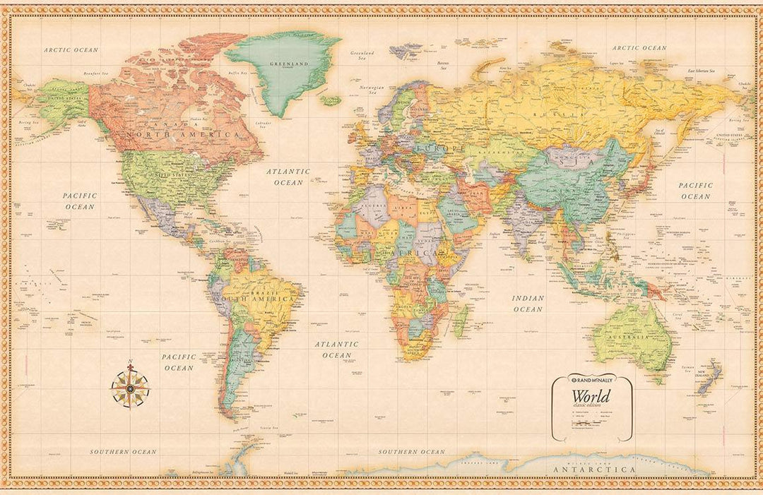 Vintage World Map Mural Wallpaper - Antique Style Earth Tones Design