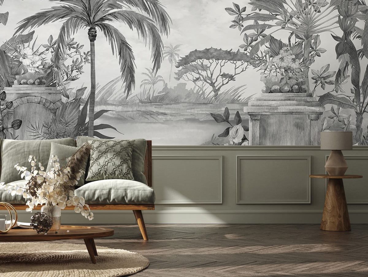 Tropical Paradise black and white mural wallpaper; features sofa, green wainscoting, wooden flooring, lamp.