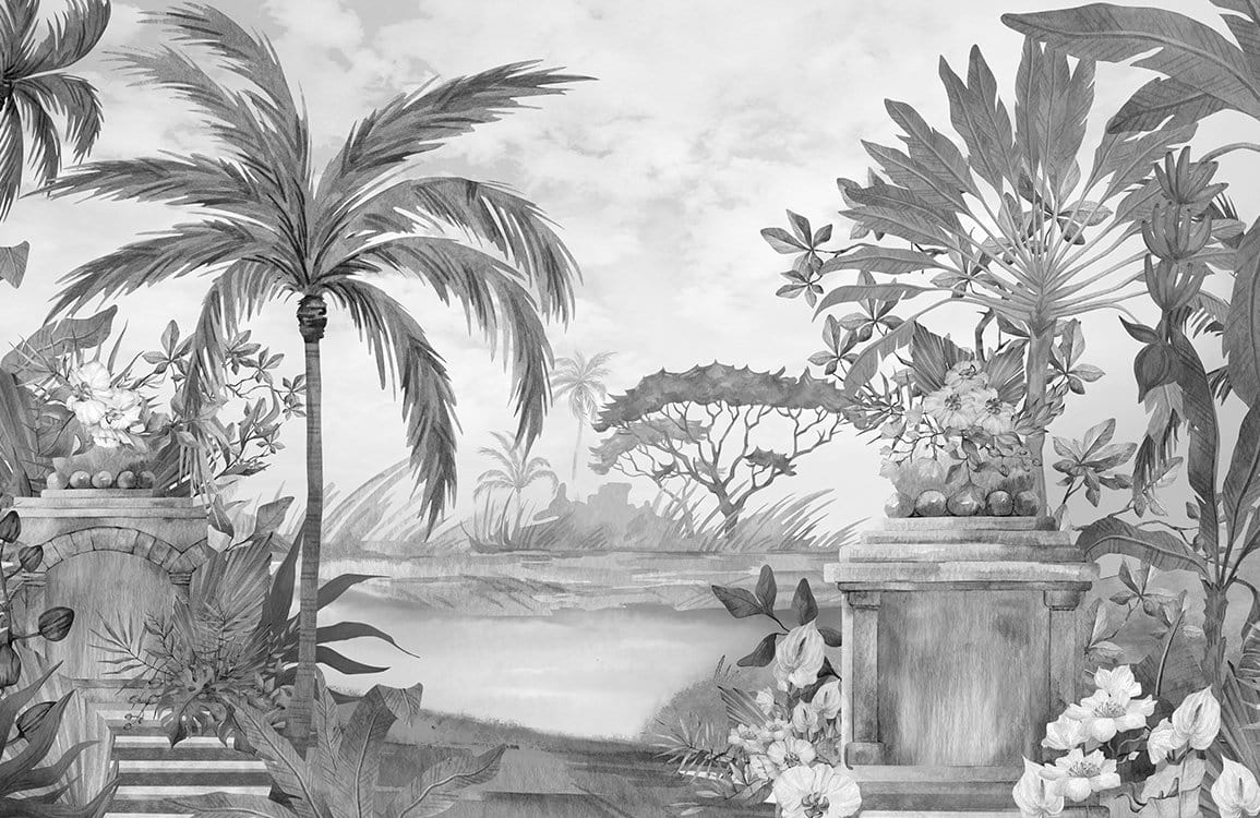 Tropical Paradise Mural Wallpaper, Black and White Nature Landscape Design