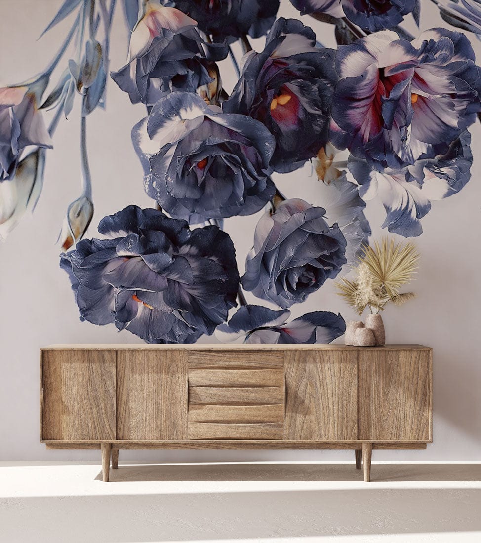 Elegant Midnight Floral Mural Wallpaper with dark blue blooms, wooden sideboard in modern living room.