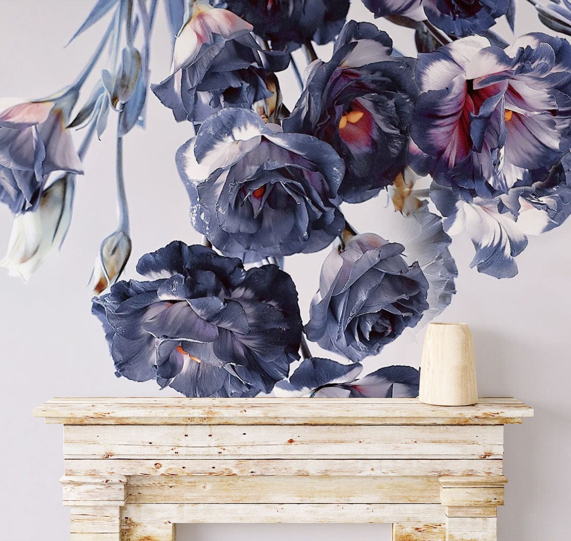 Elegant Midnight Floral Mural Wallpaper with dark blue blooms above rustic wooden fireplace mantel.