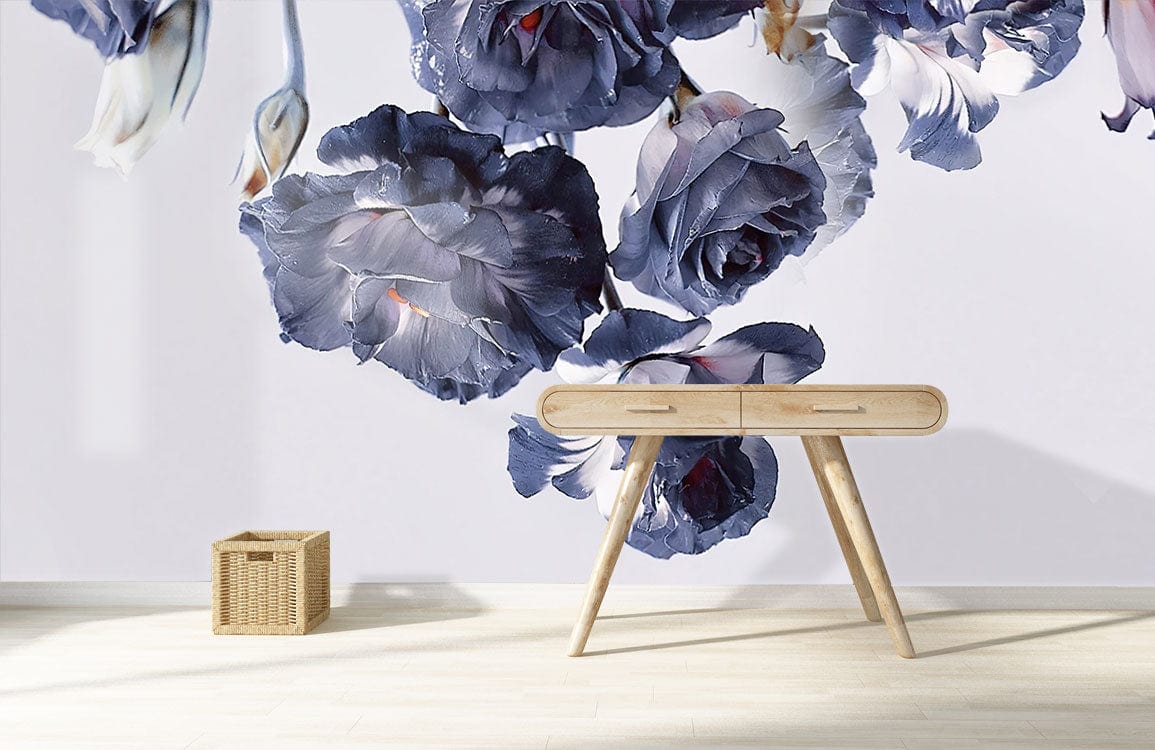 Elegant Midnight Floral Mural Wallpaper in room with light wood floor, mid-century console, wicker basket.