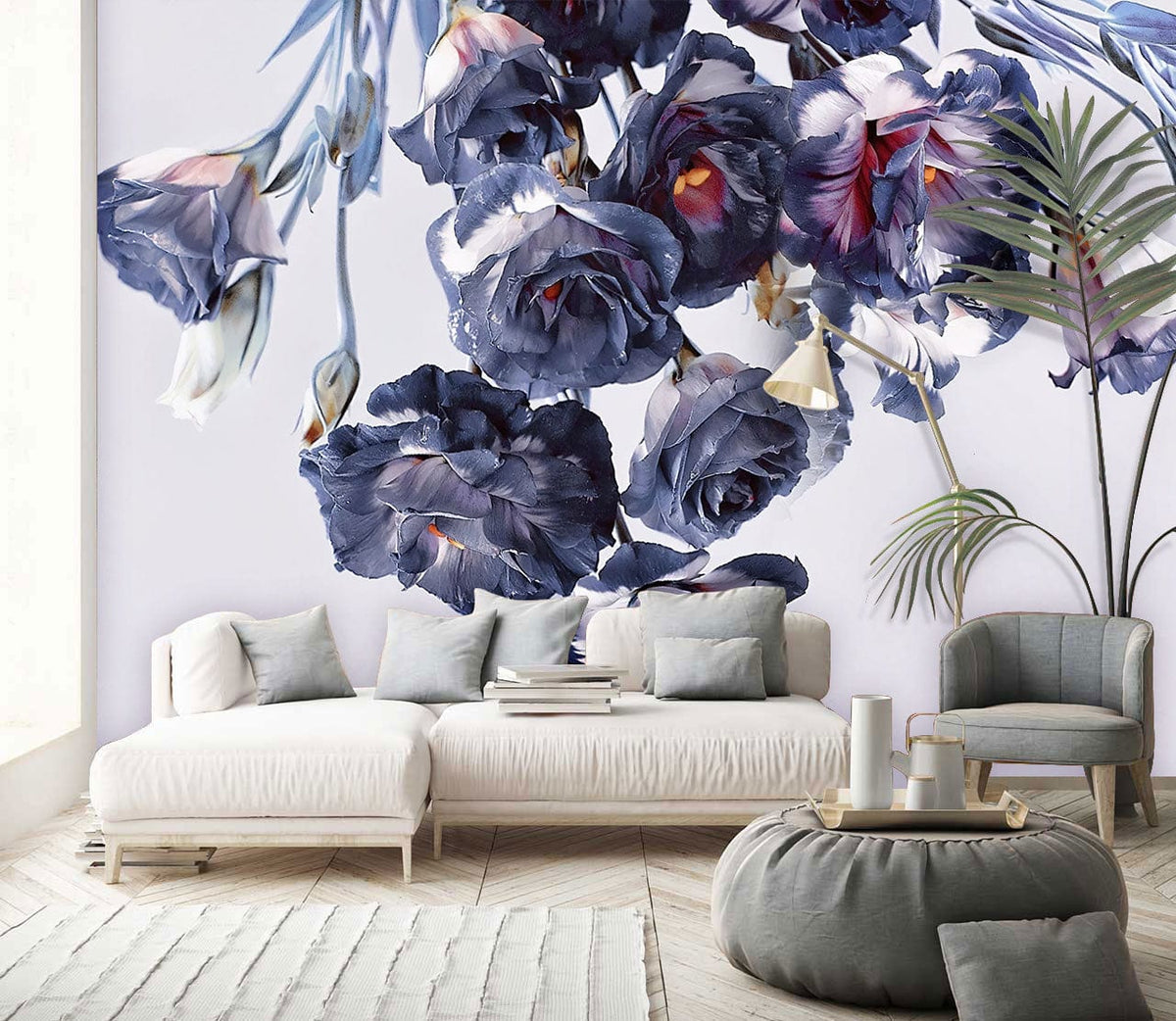 Elegant Midnight Floral Mural Wallpaper in lounge with cream sofa, grey pouffe, wood flooring, and decor.