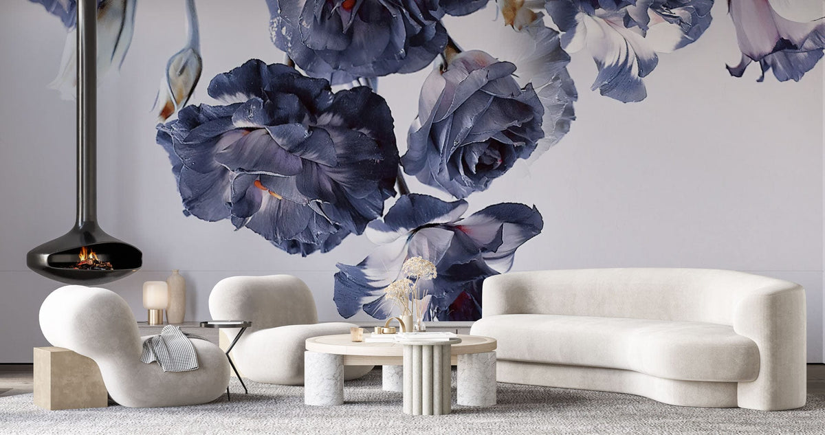 Elegant Midnight Floral Mural Wallpaper features dark blooms, ivory sofas, modern lounge, grey carpet flooring.